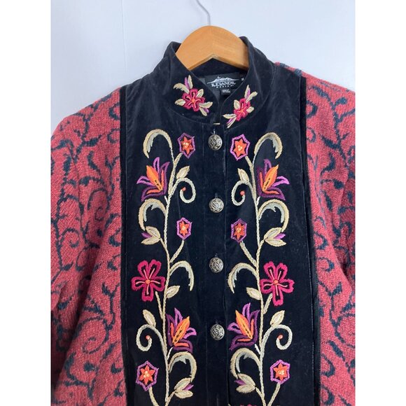 Icelandic Design Embroidered Floral Wool Blend Velvet Trim Womens Medium - Picture 2 of 8